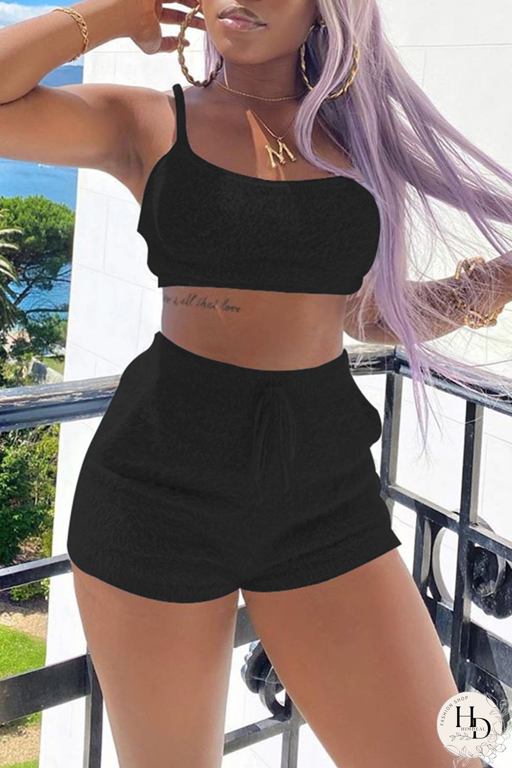 Black Sexy Casual Solid Backless Spaghetti Strap Sleeveless Two Pieces