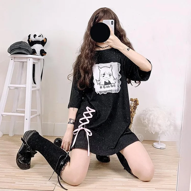 Black/White Kawaii Devil Laced Long Shirt SP13769