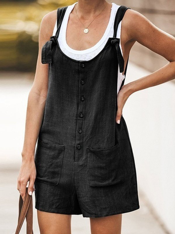 Women Casual Solid Color Short Jumpsuit With Pockets