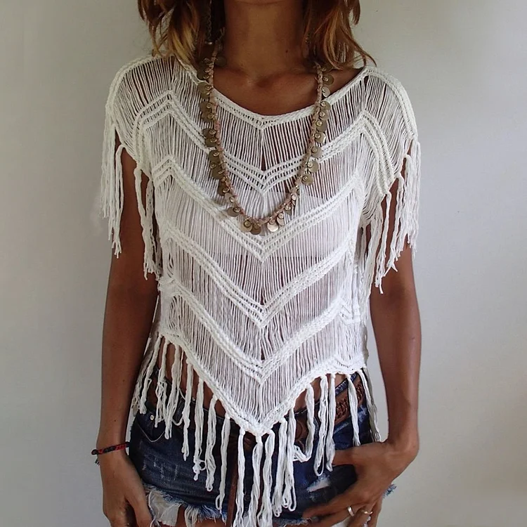 Boho Crochet Hollow Out Fringe Round Neck Blouse
