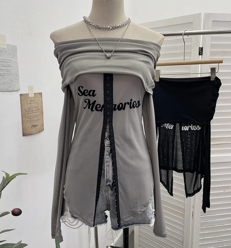 Nigikala Nigikala Picts Single-Layer Mesh Yarn Micro-Sleeved T-Shirt Word Shoulder-Pollid Letter Open Fork Top 1180