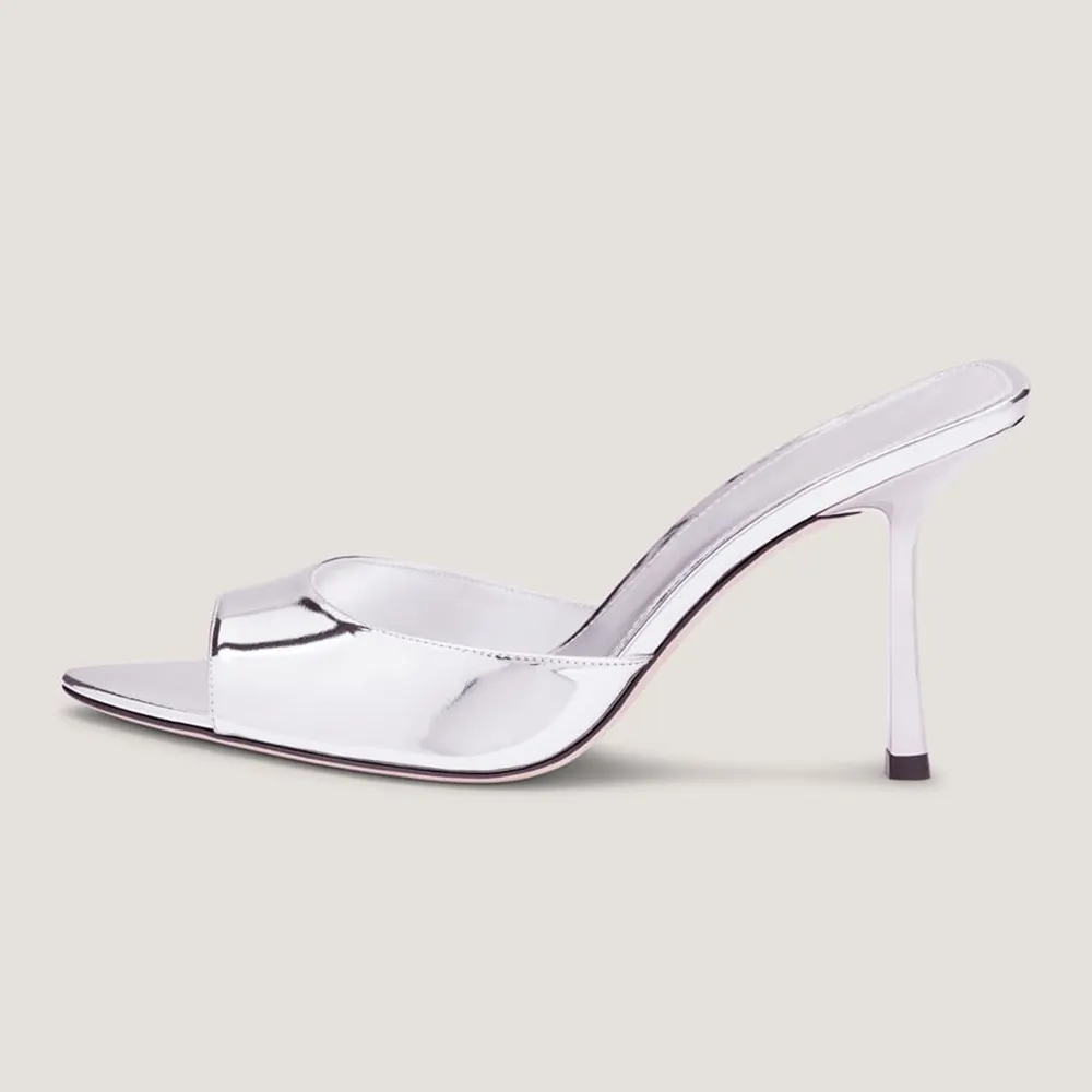Patent Leather Open Toe Stiletto Heel Silver Slip On Summer Sandals