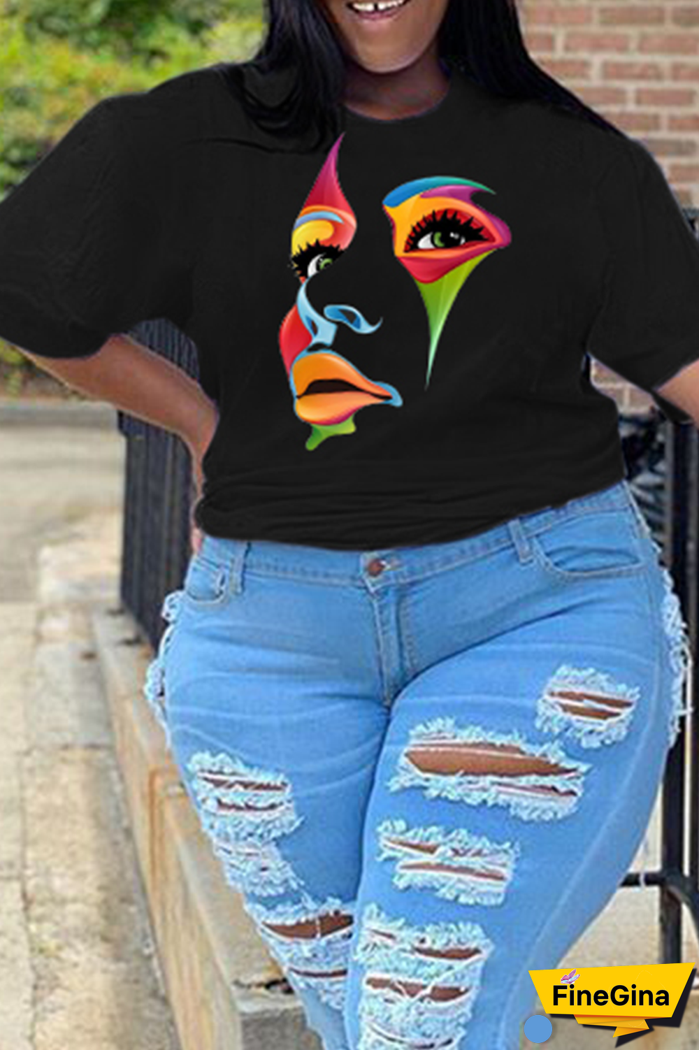 Black Street Print Patchwork O Neck Plus Size Tops