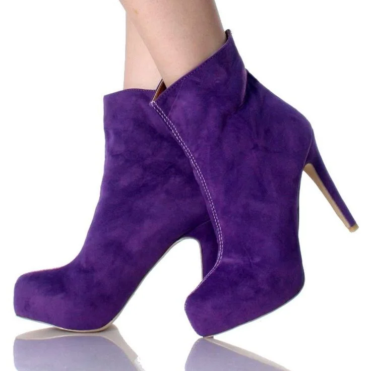 Purple Suede Stiletto Heels Fashion Boots Classy Platform Ankle Boots |FSJ Shoes