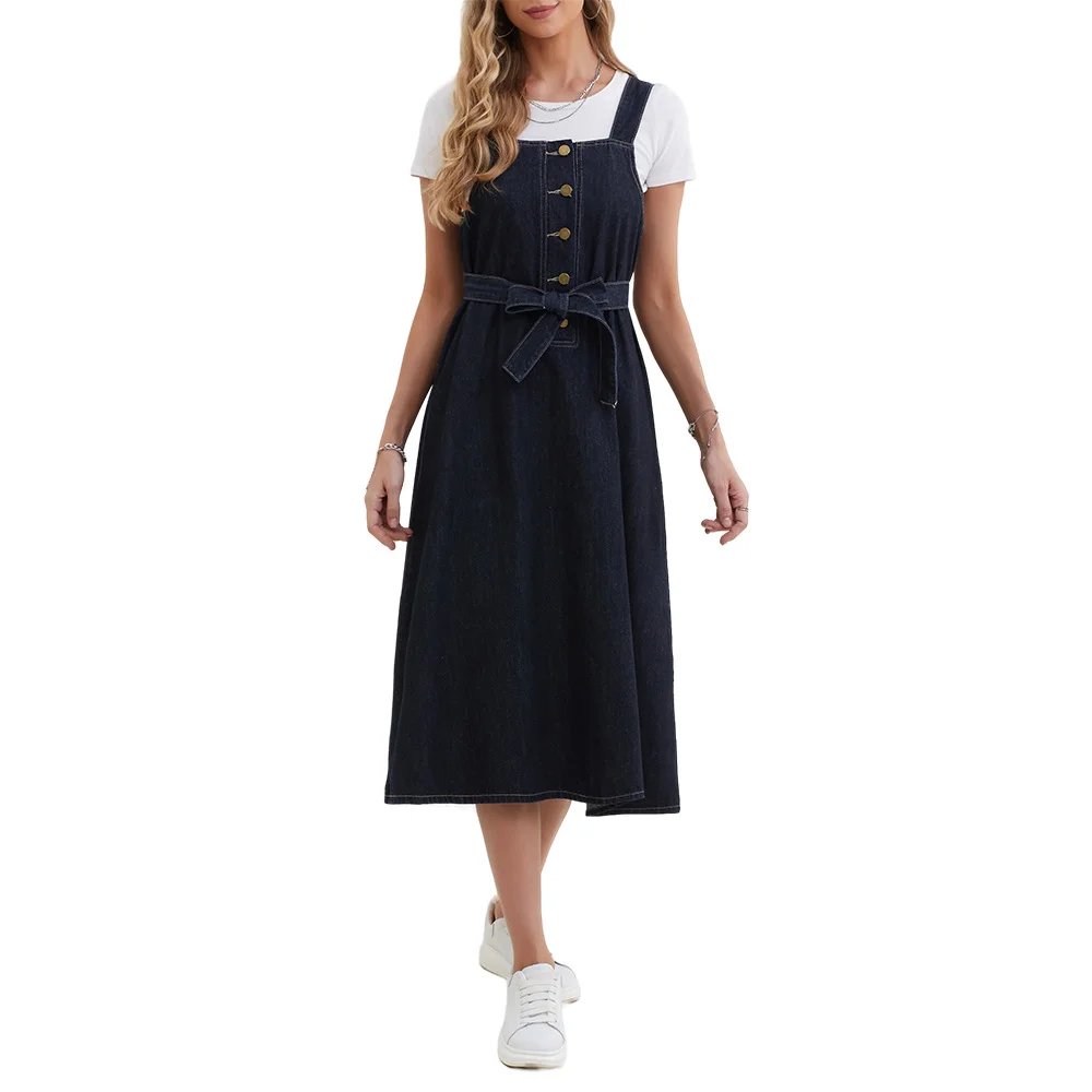 Women's Bow Belt Suspenders Denim Dress A Line Midi Dress