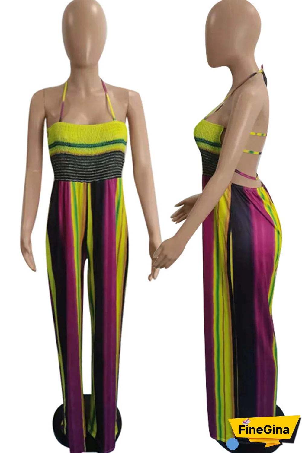 Pink Street Striped Draw String Halter Plus Size Jumpsuits