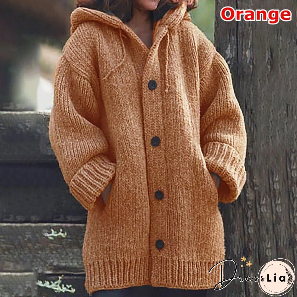 New Autumn Fashion Women Winter Coat Knit Hooded Sweater Loose Mid-length Button Up Knitted Cardigan Jackets for Women Outwear vestidos mujer casacos de inverno feminino