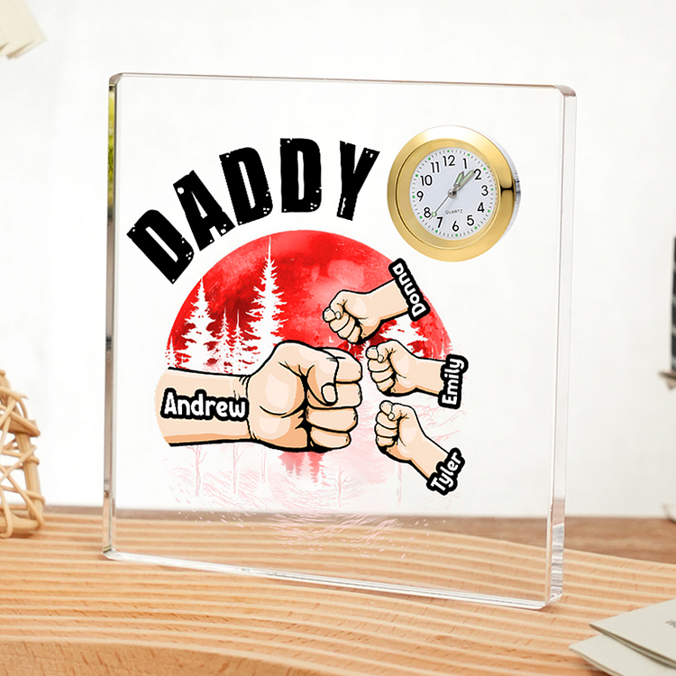 4 Names - Personalized Fist Red Forest Style Acrylic Clock Ornament Ornament Customized Name and Text Acrylic Father's Day Gift for Dad