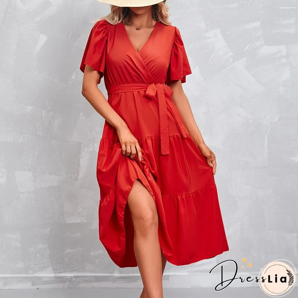 Elegant Womens Summer Dress & Casual Lace-Up Solid Color Neck High Waist Short Sleeve