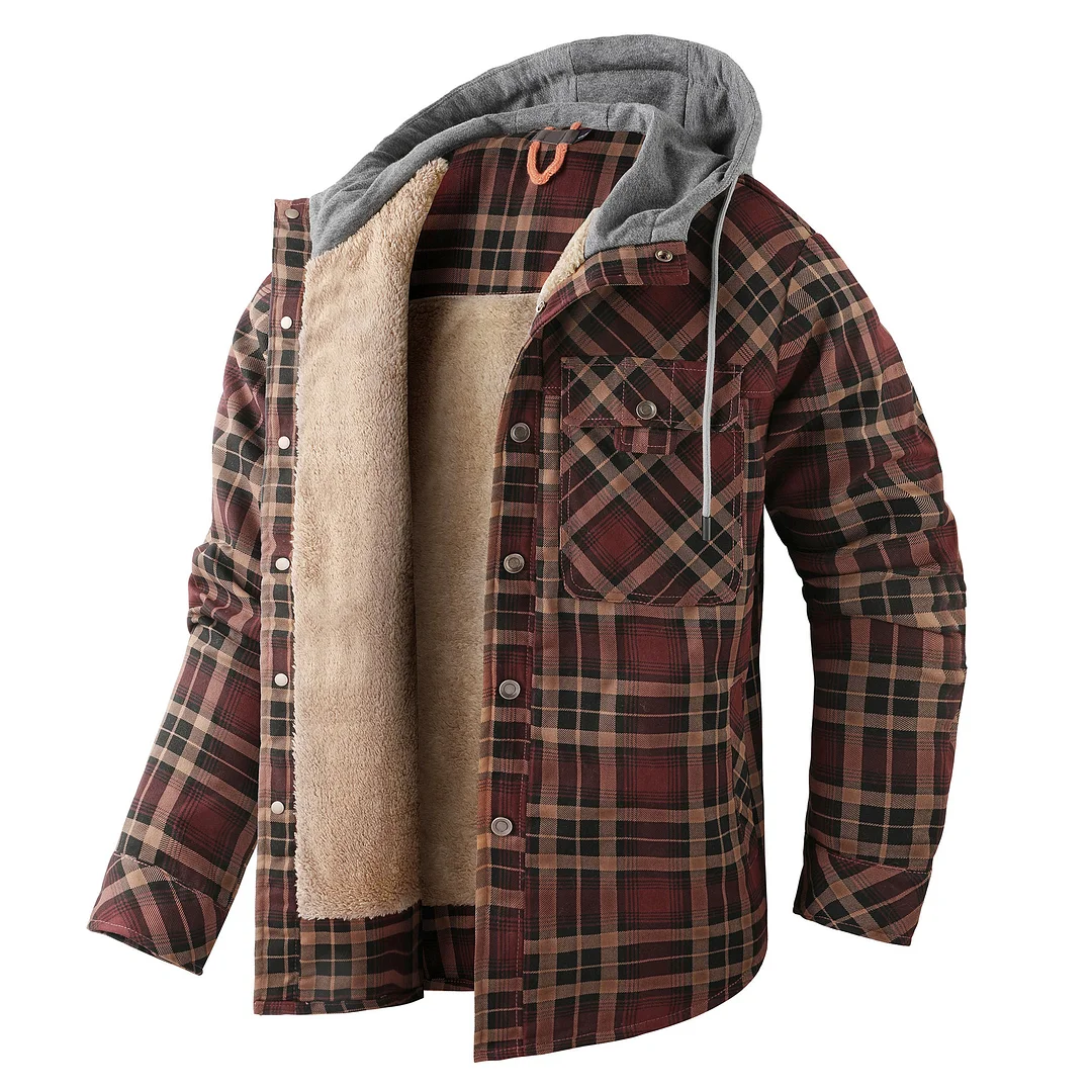 Men‘s Long Sleeve Thickened Hooded Plaid Shirt Plus Size Men's Jacket Cotton Jacket