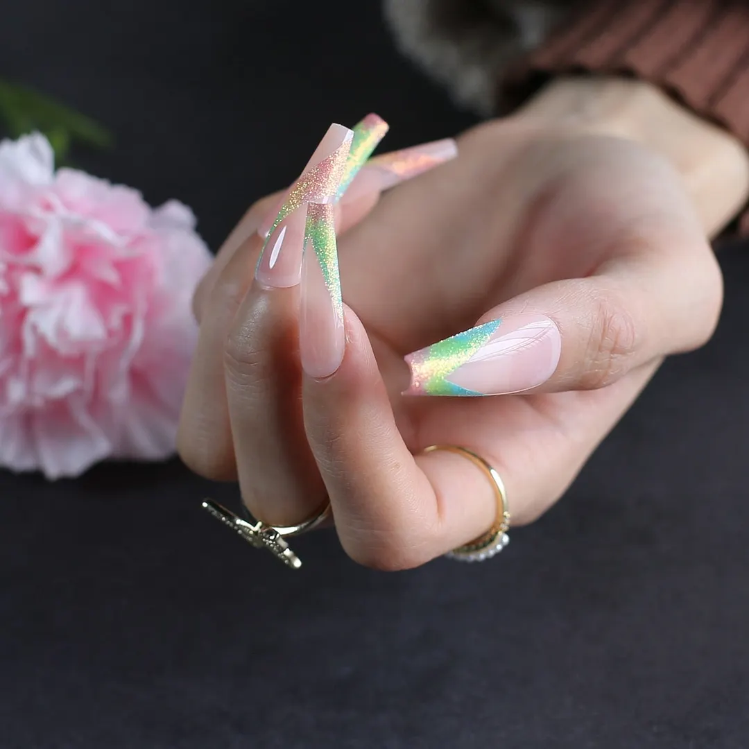 Nude clear artificial extra Coffin Fake nails Glitter Blue Rainbow Ombre V French Gel Fasle nails Ballet Art nails 24pcs Reuse-Nail Inspo