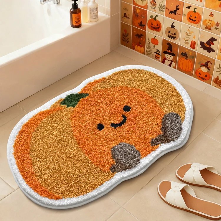 Sanmadrola Halloween Bath Rugs Mat Halloween Decoration Indoor Bath Mat Non Slip Bathroom Shower Rugs Pumpkin Shape Super Absorbent Machine Washable 24''x24''