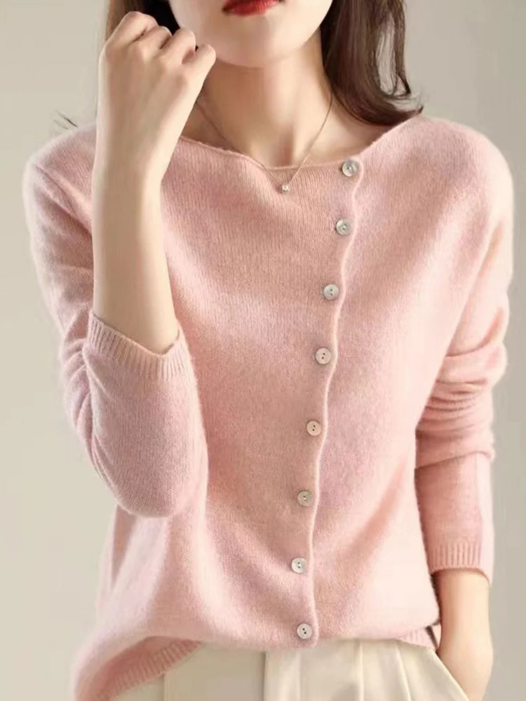 Classic Crew Neck Knitted Cardigan-Pink