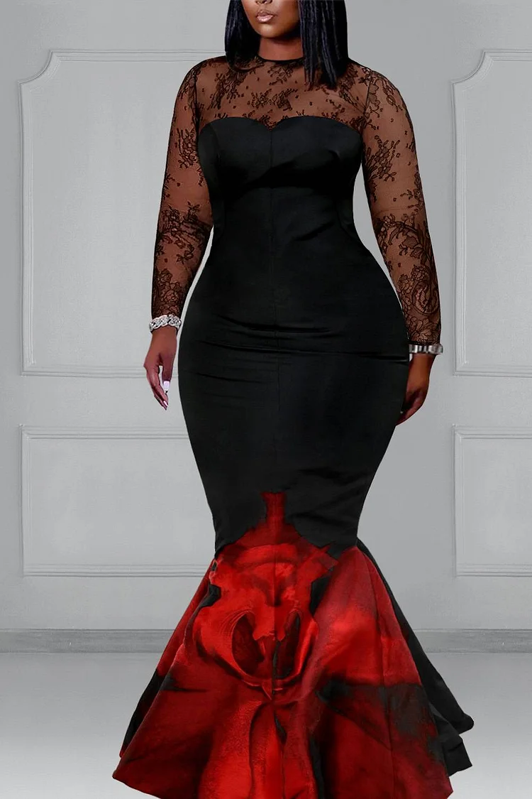 Xpluswear Design Plus Size Formal Black Floral Round Neck Mermaid See Through Satin Maxi Dresses [Pre-Order]