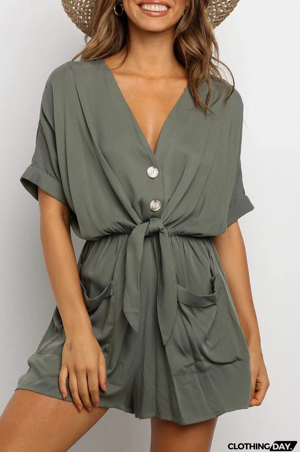 Drawstring Waist V-Neck Knotted Romper