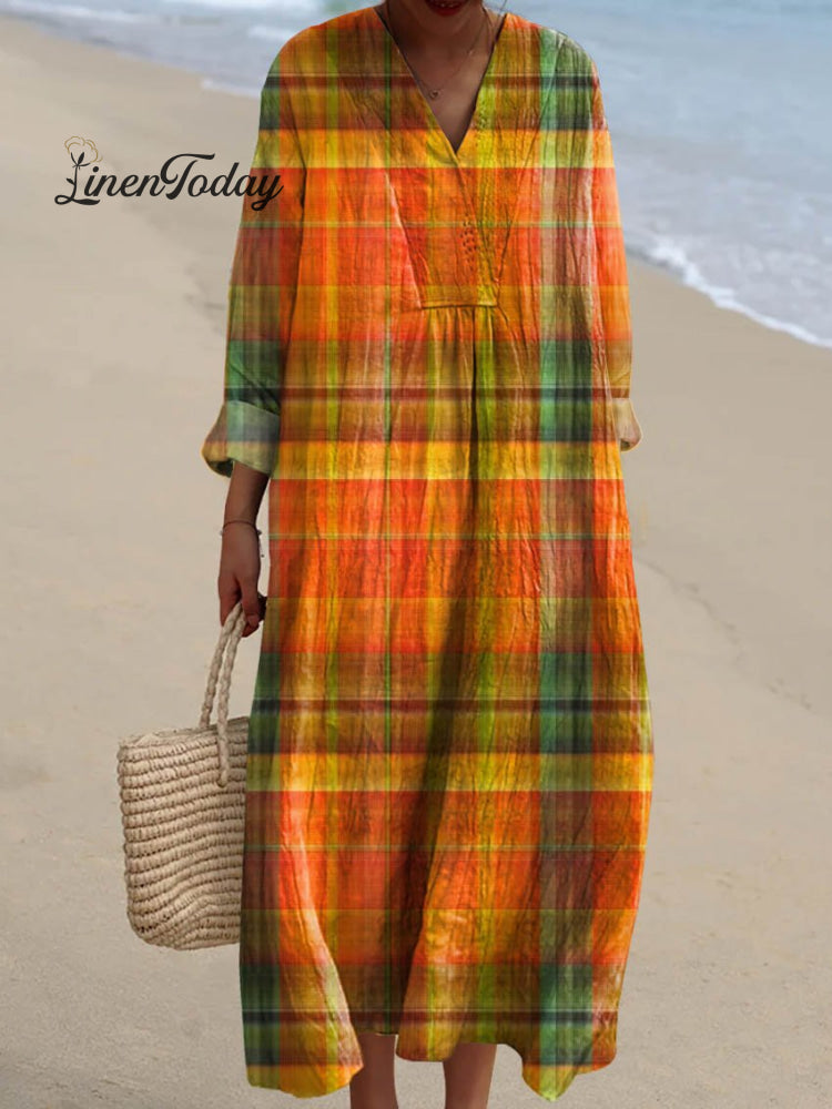 Women’s Vintage Plaid Pattern Art Print Casual Dress Multicolor / S