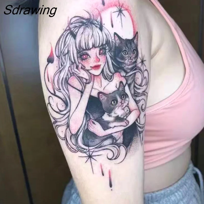 Sdrawing Temporary Tattoo Sticker Anime Cartoon Cute Pink Hair Girl Flower Necklace Fake Tatto Flash Tatoo Art for Women Men