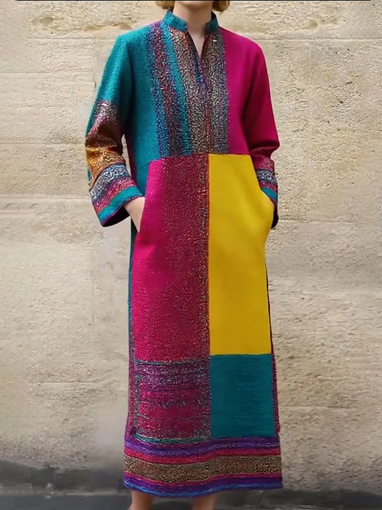 Artistic Color Block Pocket Cotton and Linen Maxi Dress
