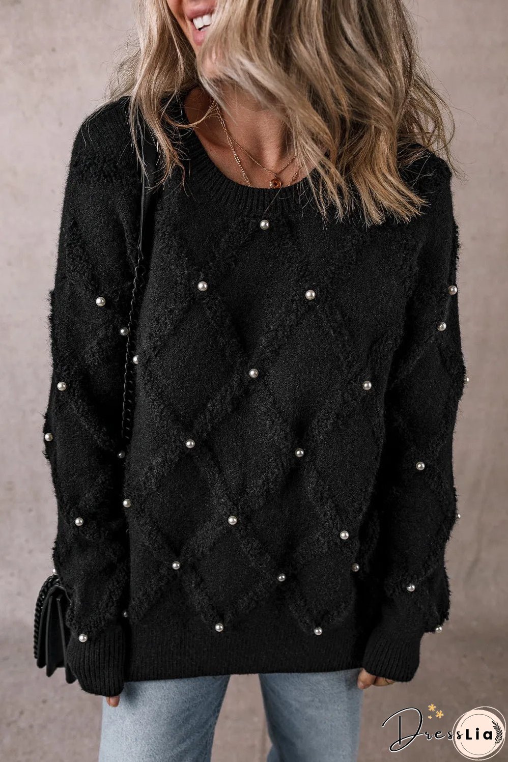 Black Pearl Embellished Rhombus Pattern Sweater