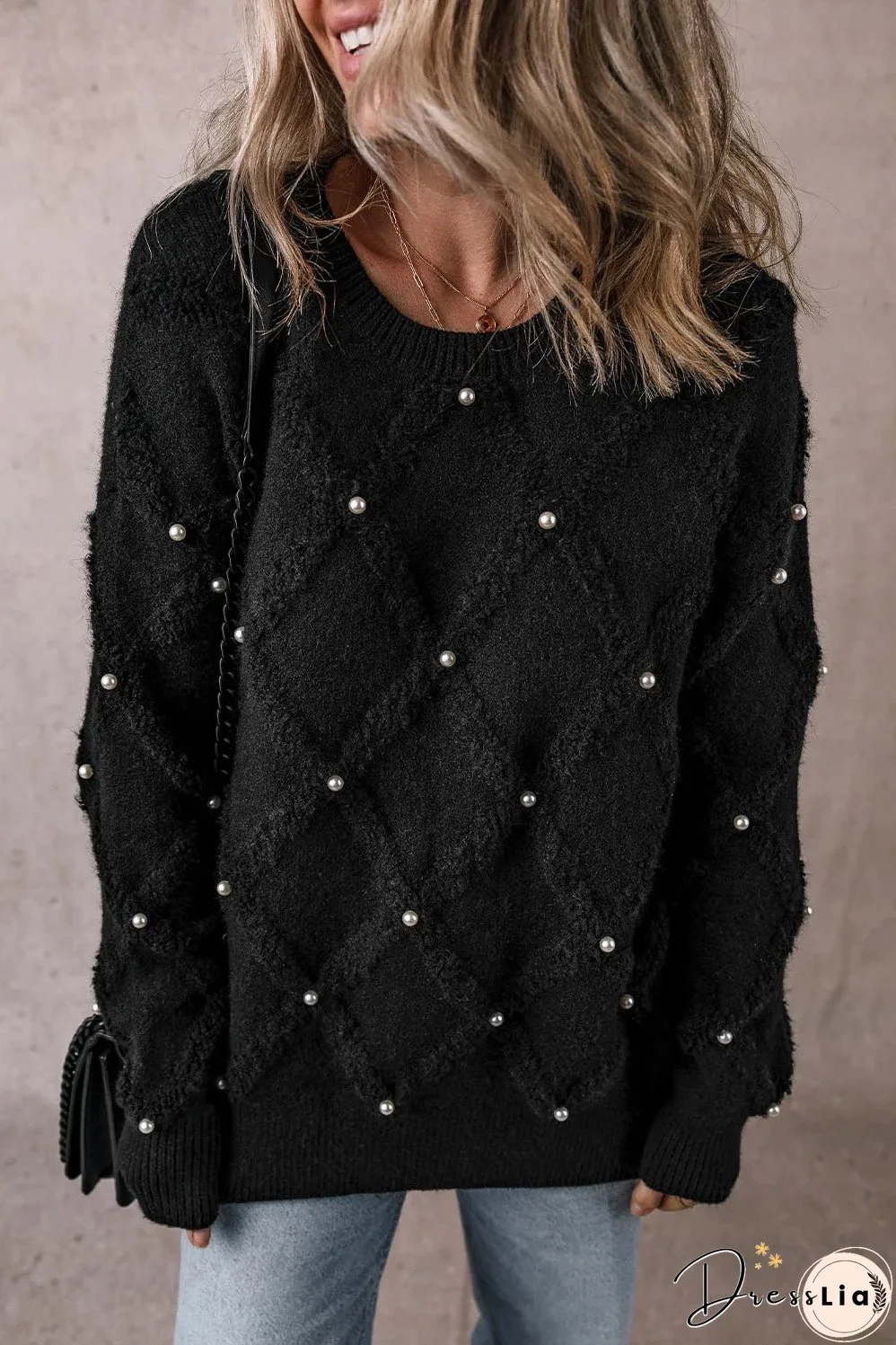 Black Pearl Embellished Rhombus Pattern Sweater