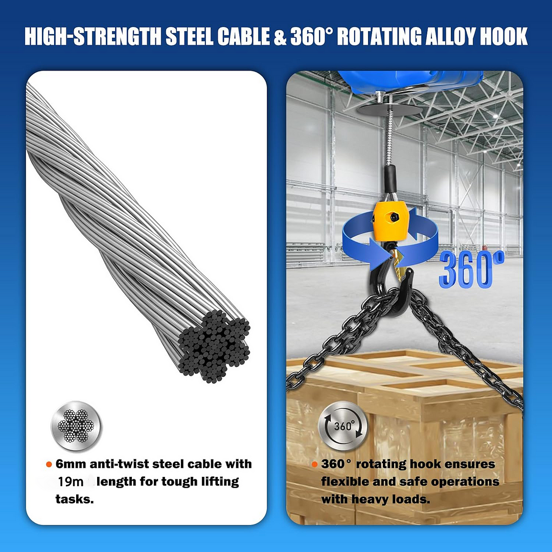 رافعة كهربائية محمولة 200 كجم، رافعة كهربائية بسلك فولاذي 220 فولت (نسخة جهاز التحكم عن بعد، 19 متر)
