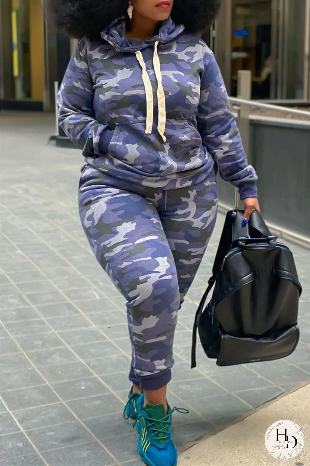Camouflage Fashion Casual Camouflage Print Basic Hooded Collar Plus Size Set