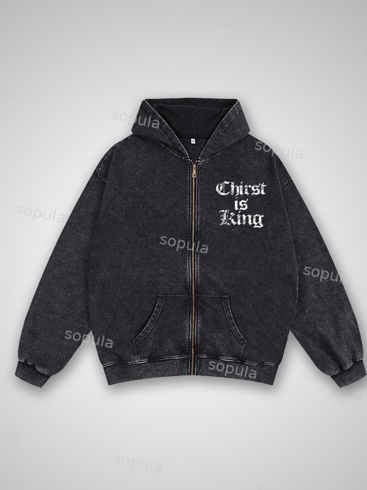 Vintage Chirst Is King Washed Zip-up Hoodie - Sopula｜Premium Graphic Tees & Graphic Clothing