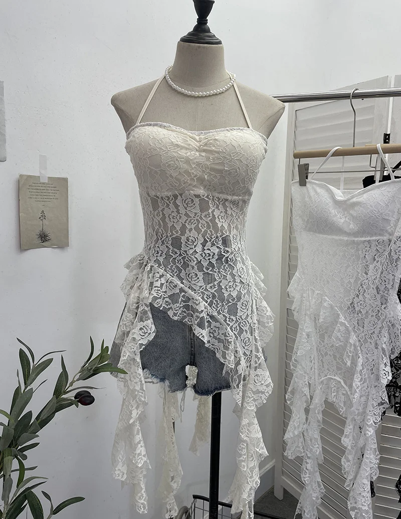 Churchf Real Patted Neck Lace Breast Pad Sling Sling Sling Waist Sling Babes Design Feeling Ribbon Mid-Long Blouse 66669