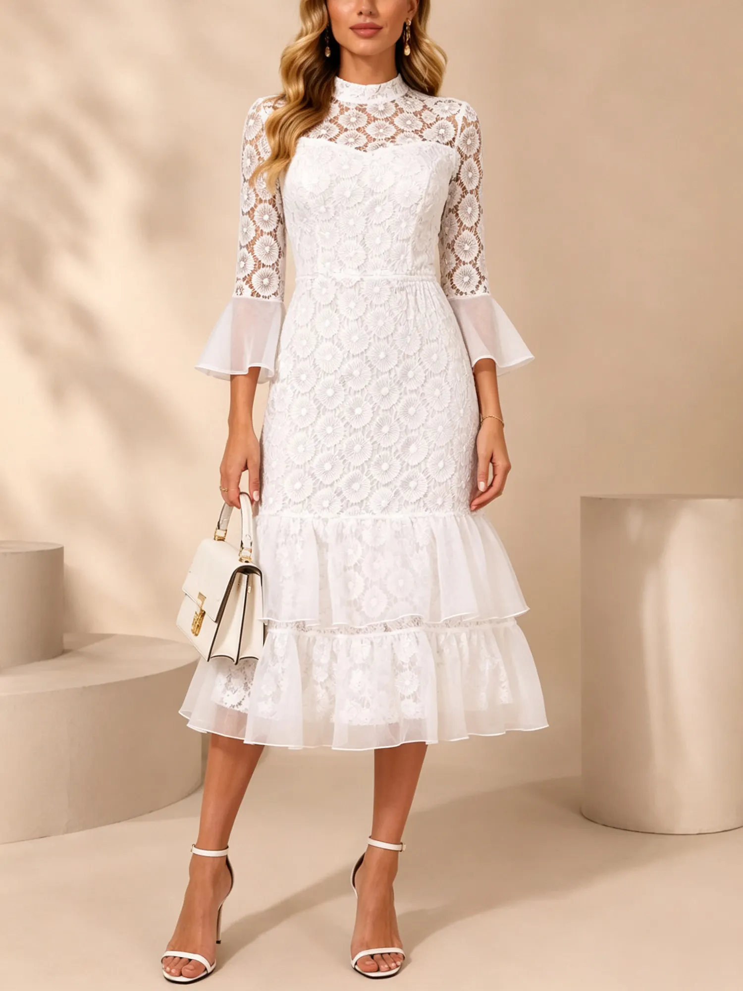 Holiday Dress &mdash; Desert Cream Color, Exquisite Stand Collar, High-Quality Comfortable and Breathable, Sheer Trim, Premium Lace Fabric, Midi Dress