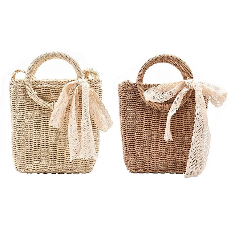 Summer Small Bow Straw Shoulder Bags Women Vintage Woven Top-handle Handbag-Annaletters