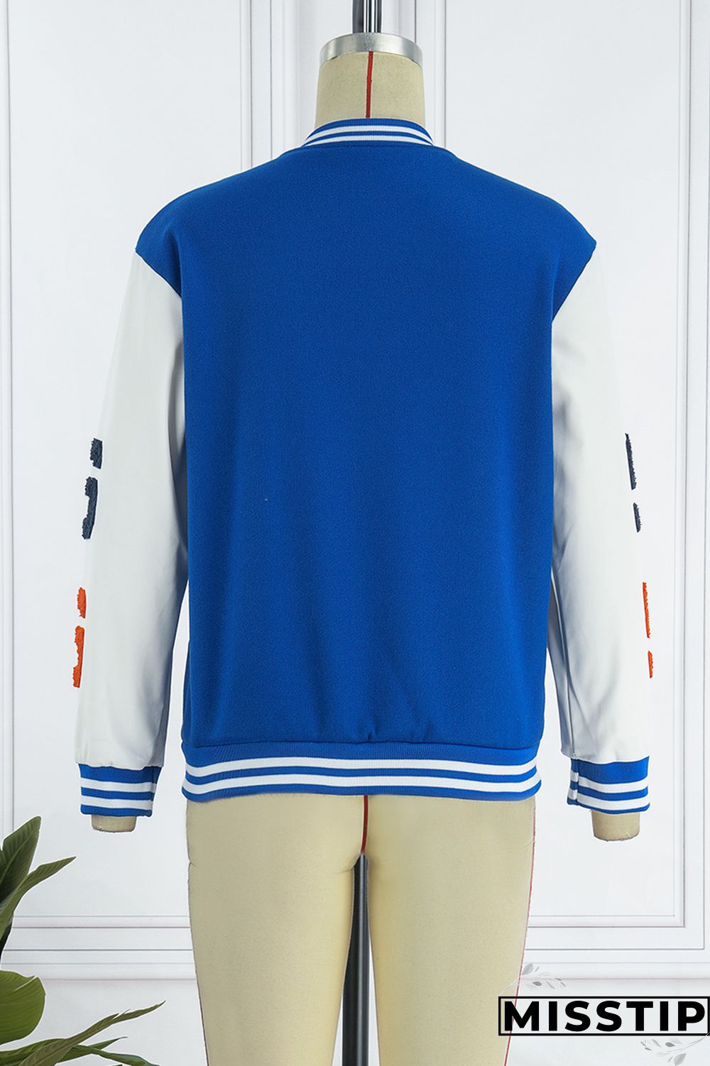 Blue Casual Letter Patchwork Contrast Turn-back Collar Outerwear