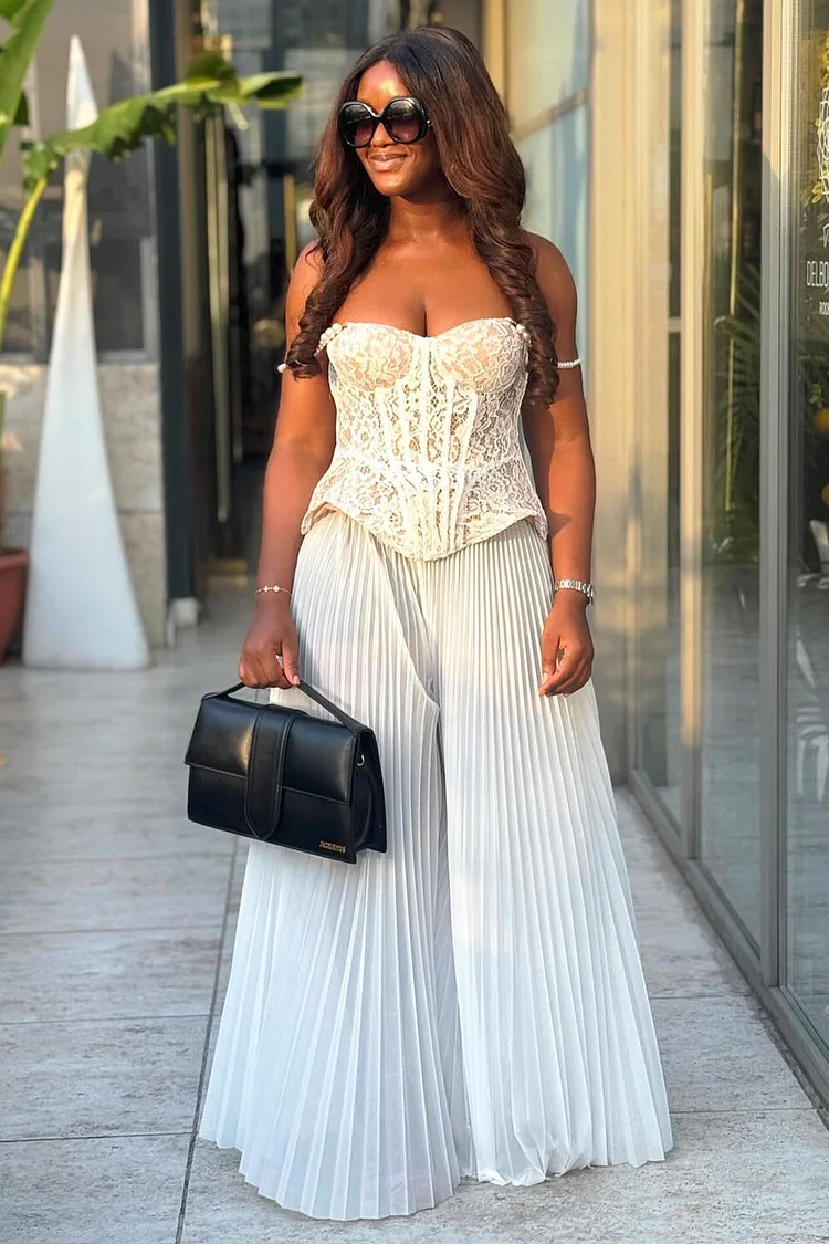 Lace Corset Tube Top Pleated Wide Leg Pants Vacay 2pcs Set-White [Pre Order]