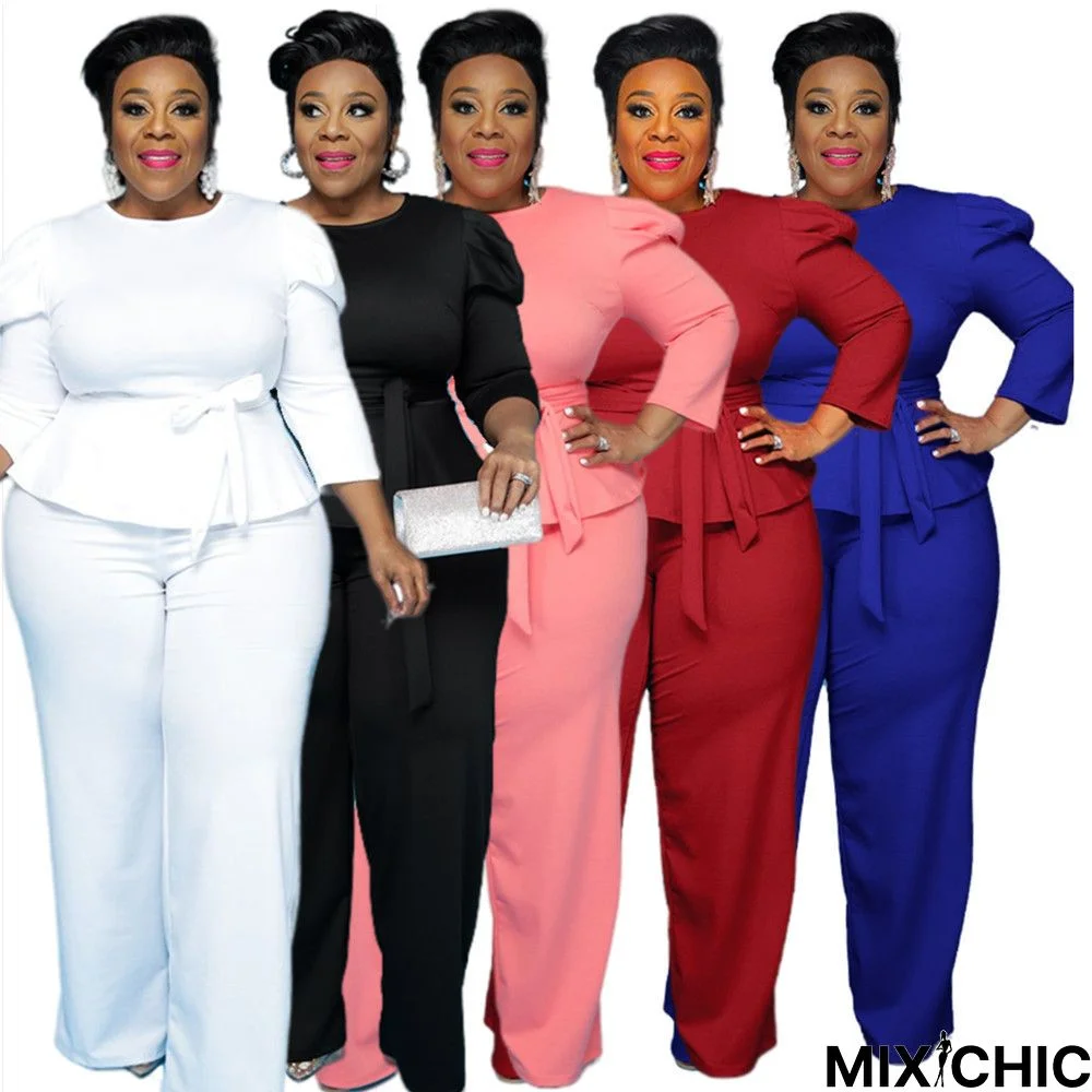 Solid Color Long Sleeve Plus Size Two Piece Set