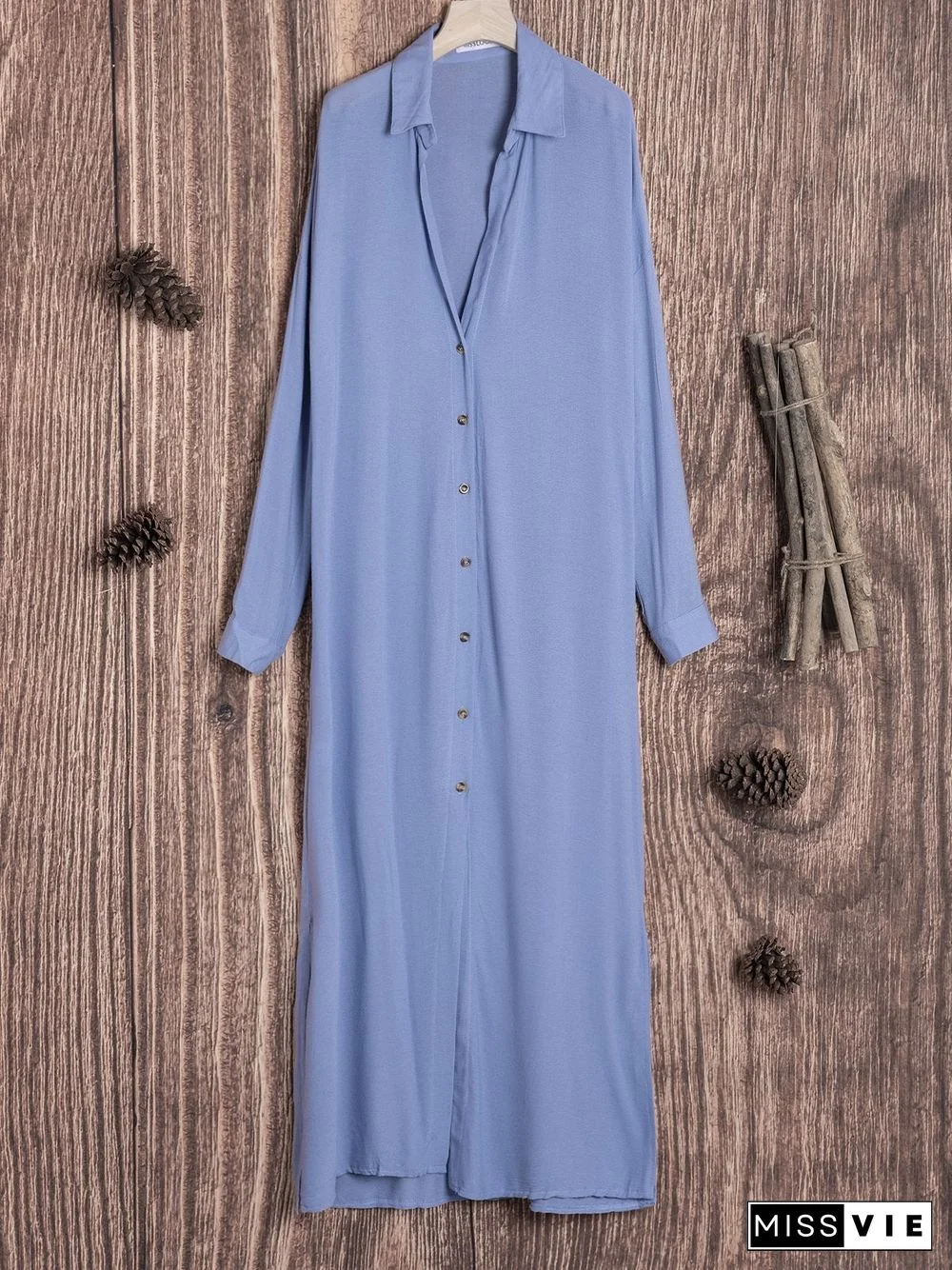 Solid 3/4 Sleeve V Neck Cotton Fall Dresses Linen