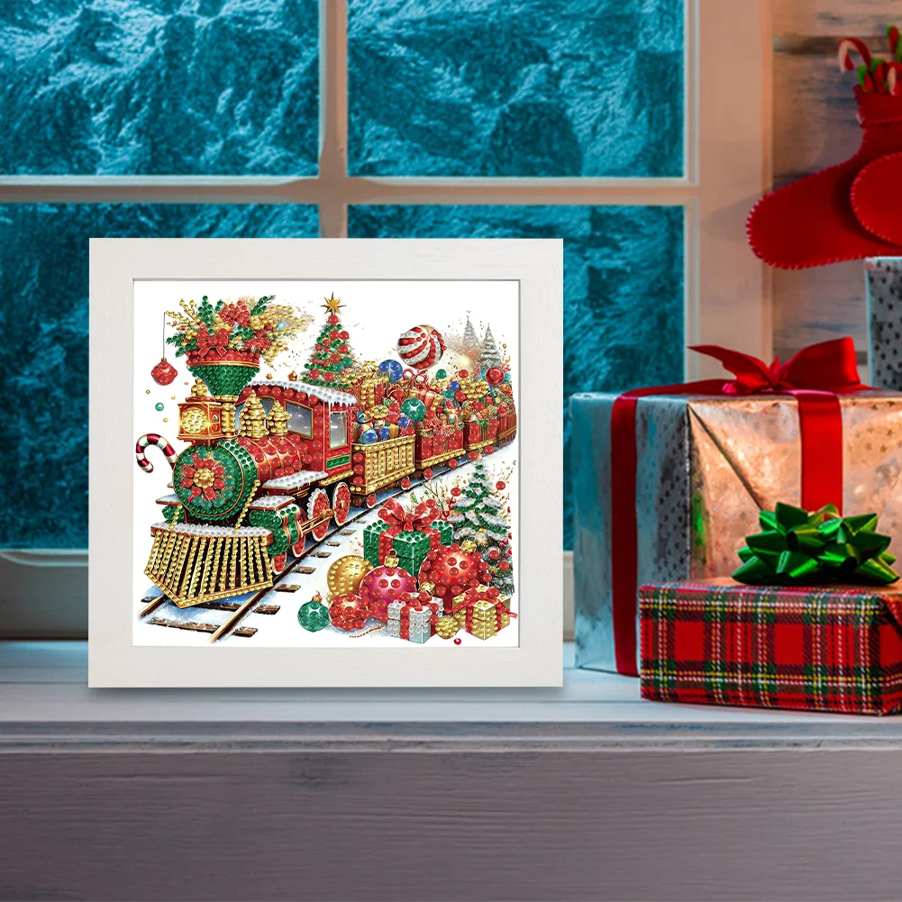 5D DIY Partial Special Shaped Drill Diamond Painting Christmas Train 22.8x22.8cm【With Frame】