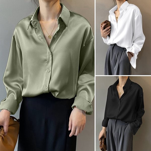 Women Full Sleeved Satin V-Neck OL Shirts Casual Loose Blouse Tops - Shop Trendy Women's Clothing | LoverChic