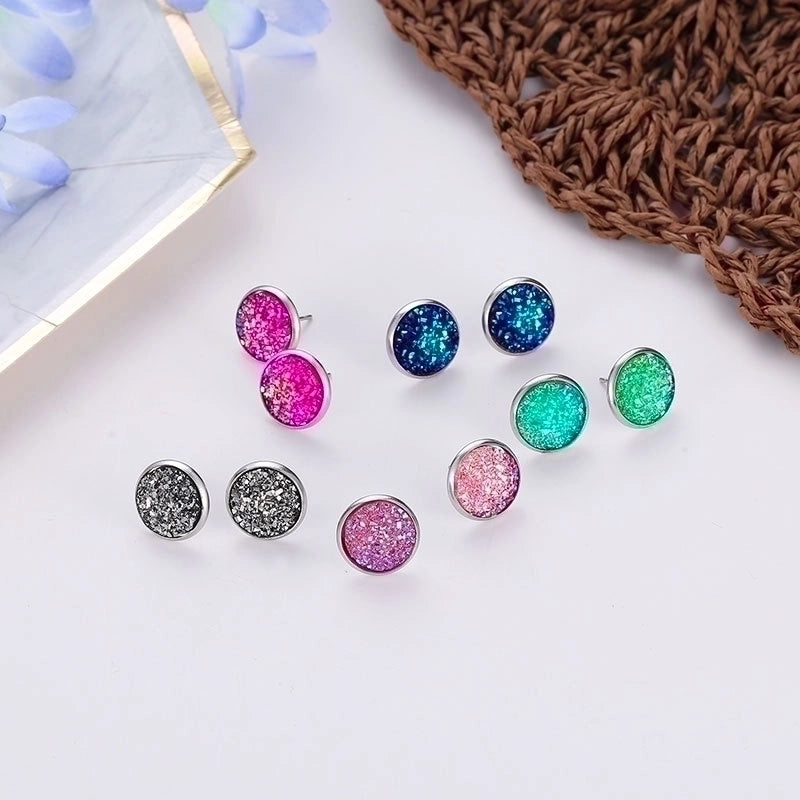 Minimalist Round Stainless Steel Artificial Gemstones Silver Plated Earrings Ear Studs