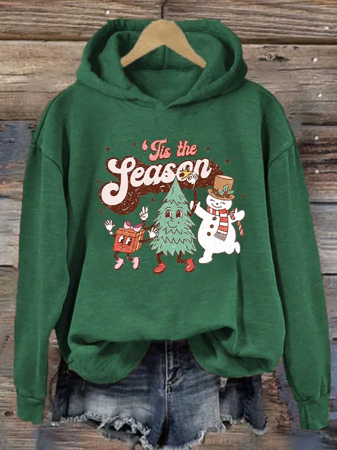 Women's Vintage Christmas "Tis the season" printed casual hooded sweatshirt