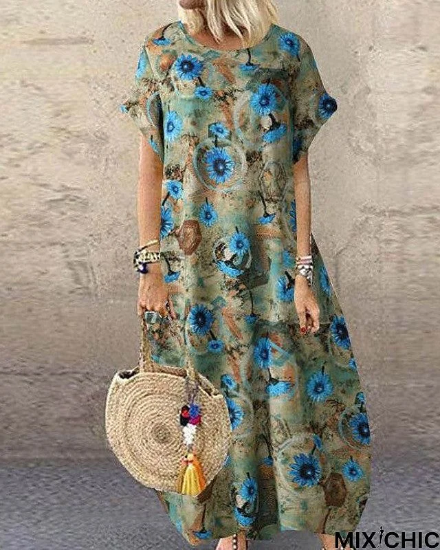 Women's Swing Dress Maxi Long Dress - Short Sleeve Floral Patchwork Print Summer Fall Work Casual Cotton Blue Red Yellow