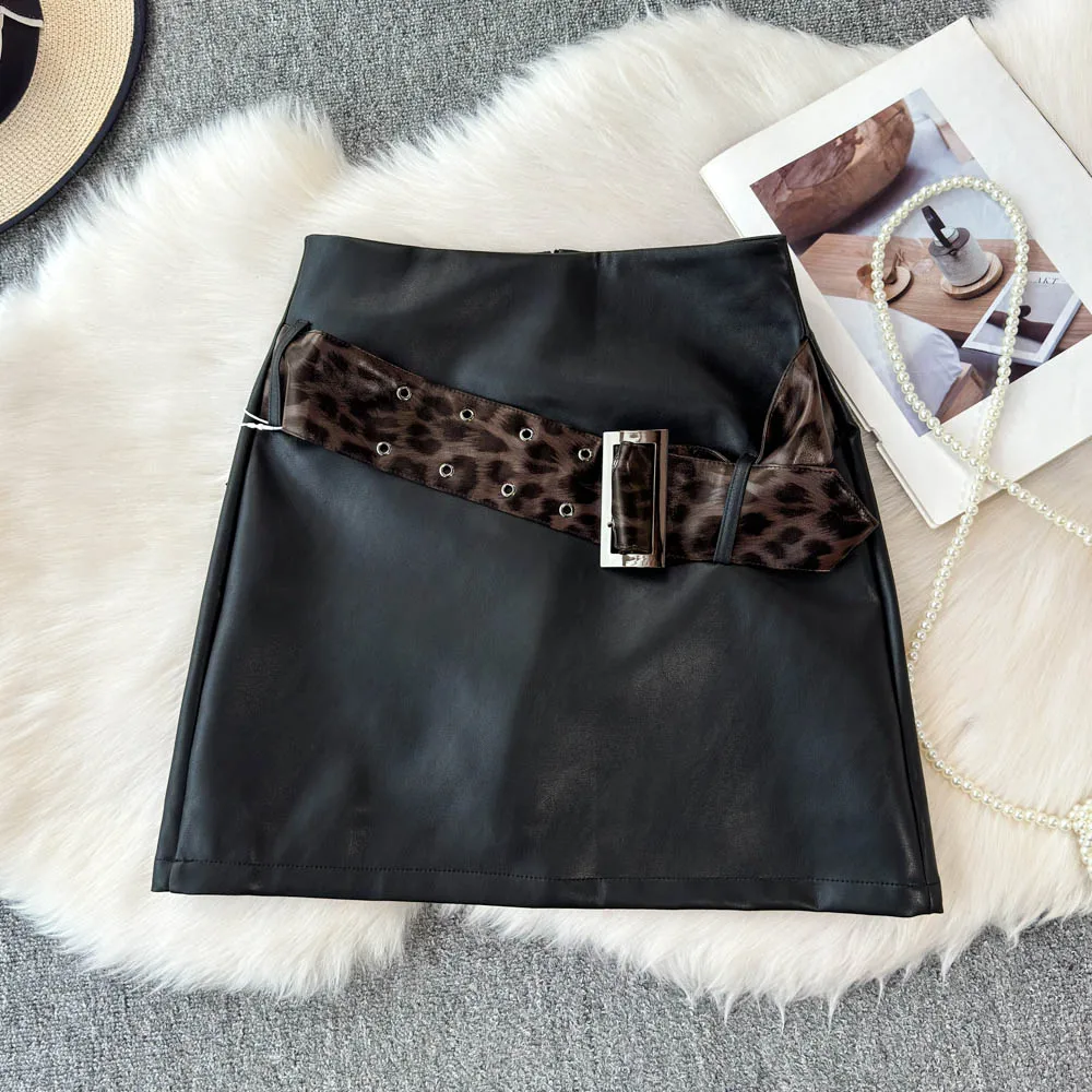 Issacrm Foamlina Metal Buckle PU Mini Skirt Women's Spring Winter High Waist Leopard Belt Decoration Short Wrap PU Leather Mini Skirt
