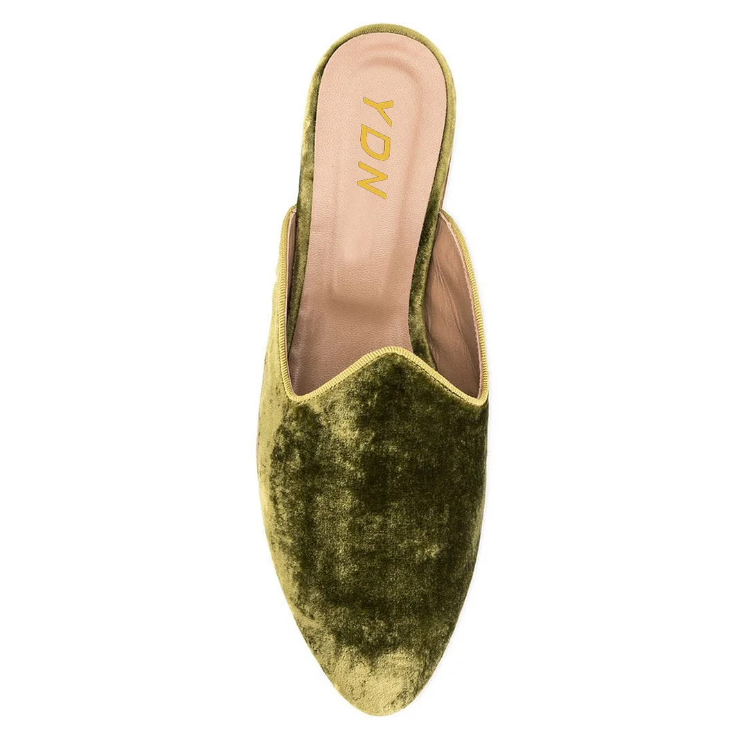 Women's Velvet Sophisticated Pointed Toe Flat Slip-On Mules in Green
