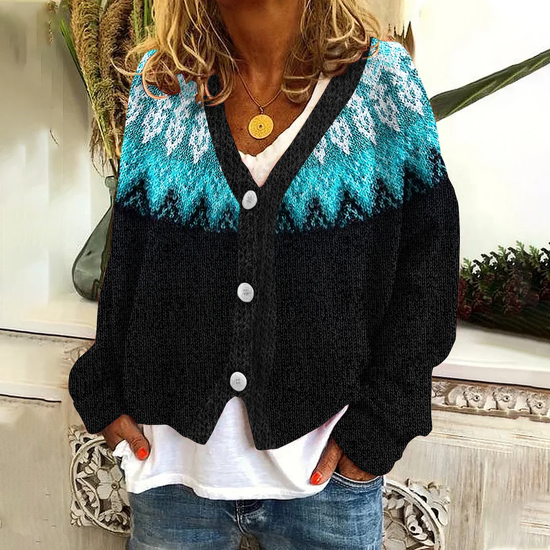 Vintage Tribal Icelandic Pattern Cozy V-Neck Long Sleeved Knitted Cardigan