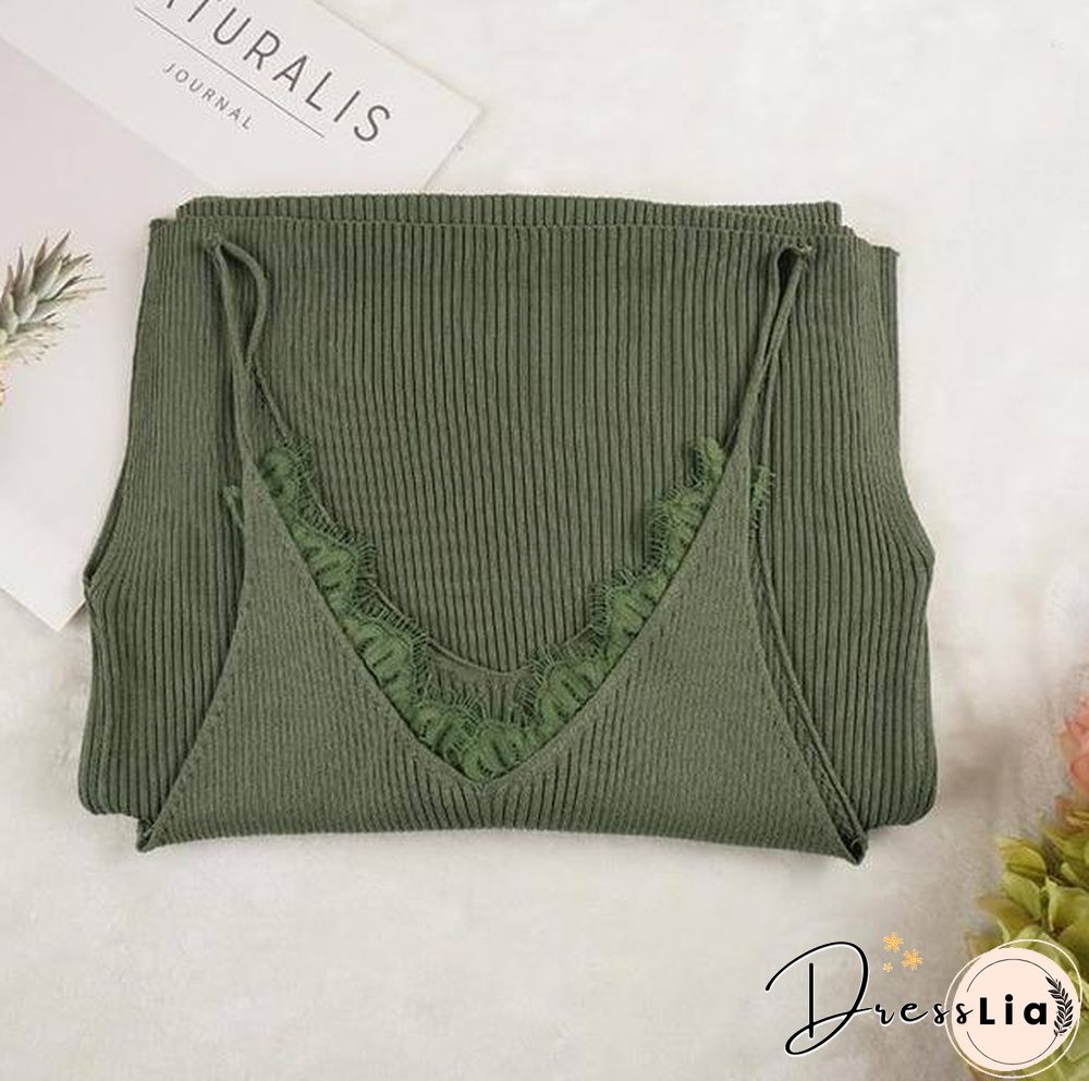 New Women Spaghetti Strap Dresses Split V-Neck Lace Patchwork Knitted Dress Ladies Sleeveless Bodycon Tank Dress Vestidos P022