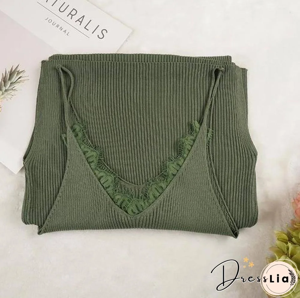 New Women Spaghetti Strap Dresses Split V-Neck Lace Patchwork Knitted Dress Ladies Sleeveless Bodycon Tank Dress Vestidos P022