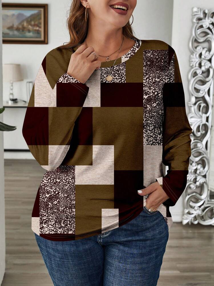 Plus Size Womens Vintage Casual Color Block Print Round-neck Long Sleeve T-Shirt Autumn