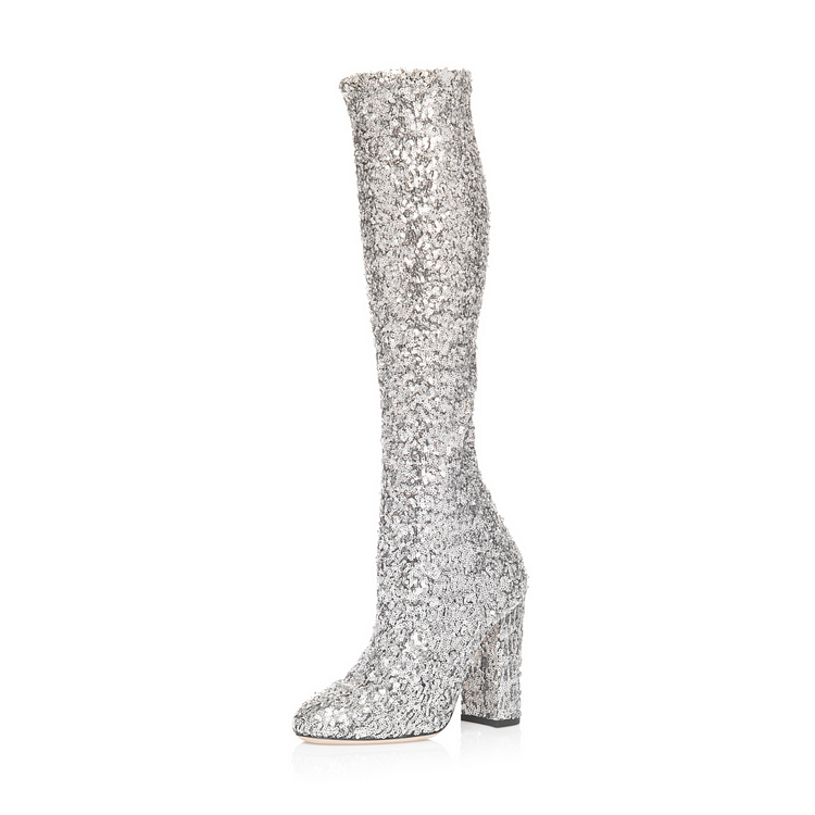 Silver Sequined Chunky Heel Boots Knee High Boots |FSJ Shoes