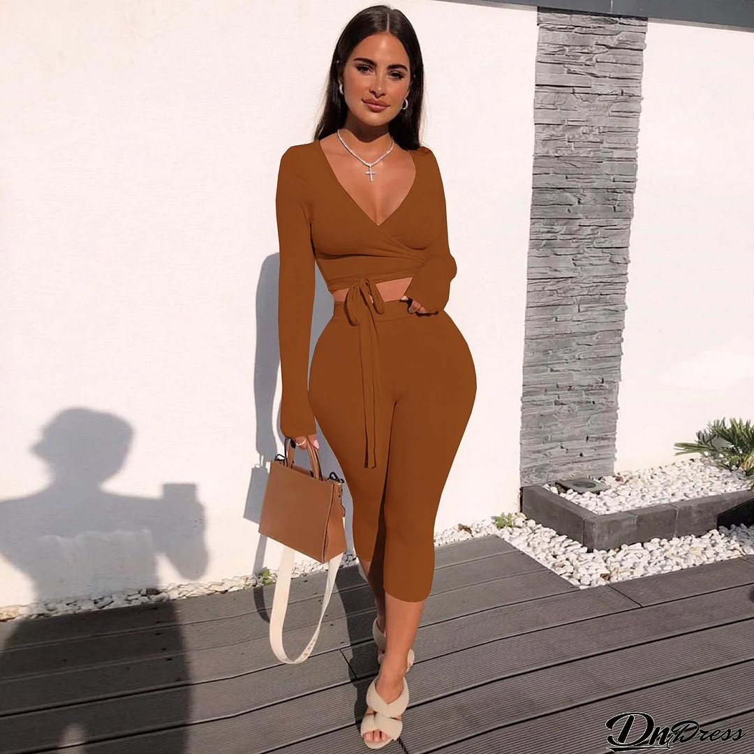 Autumn And Winter Plus Size Women's Solid Color Long Sleeve 7-Point Pants Sexy Casual Two Piece Set