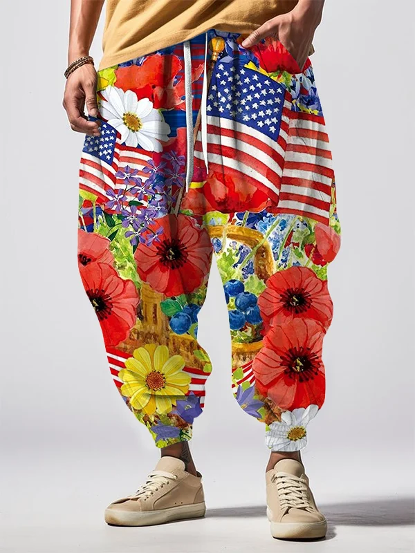 Men's July 4th American Independence Day Pastoral Floral Watercolor Art Print Sweatpants