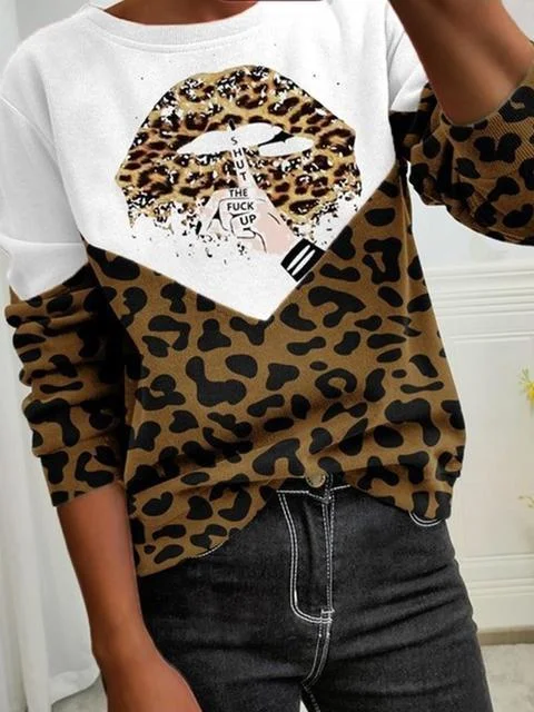 Leopard Patchwork Lips Print Tops