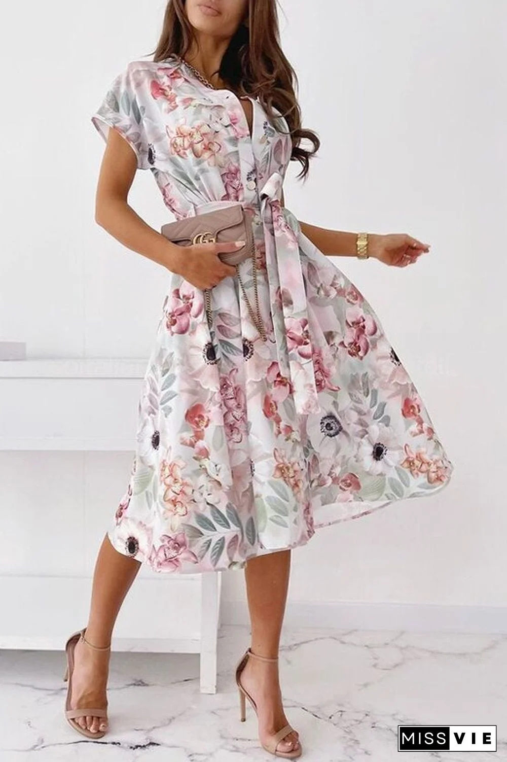 Floral Print Shirt Midi Dress(With Belt)